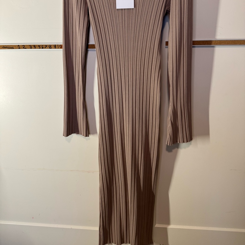 Wayf Taupe Long Sleeve Ribbed Dress